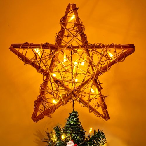 Christmas Tree Topper, Rustic Rattan Star Treetop Christmas Tree Decorations with 10 Light, Star Tree Toppers for Indoor Holiday Party Xmas Decorations