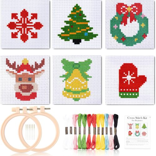 Pllieay Christmas Cross Stitch Beginner Kits for Kids 7-13, Includes 6pcs Project Cross Stitch Pattern and 2pcs Hoops, 14 Skeins Embroidery Floss, Needle Point Starter Kit Sewing Set with Instructions