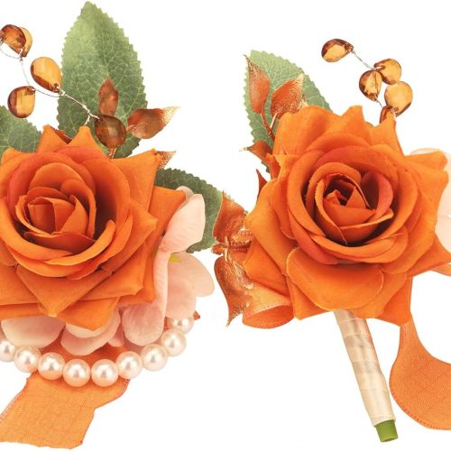 Weslymoo Burnt Orange Rose Wrist Corsage and Boutonniere Set Artificial Prom Flower Corsage Wristlet Band Bracelet and Boutonniere for Men Wedding Accessories Prom Stuff Decorations