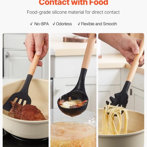 Kitchen Cooking Utensils Set, 50 PCS Silicone Spatula Set with Holder, 428°F Heat Resistant Gadget Spoons Tools, Wooden Handle Home Essentials Accessories, Silicone Gadgets Cookware, Black