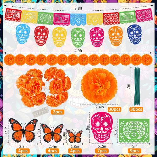 3 - Copy 60 Pcs Day of the Dead Decorations, Dia De Los Muertos Altar 2 Marigold Garland for Decoration, 30 Marigold Flowers with Stems, 12 Butterfly, 16 Mexican Banners for Diwali Halloween Decor