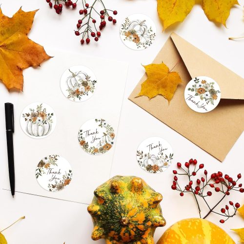 1000Pcs Fall Pumpkin Thank You Stickers Roll Watercolor Pumpkin Floral Decals Autumn Thanksgiving Self-Adhesive Stickers for Envelope Scrapbook Decor Party Supplies, 1 Roll