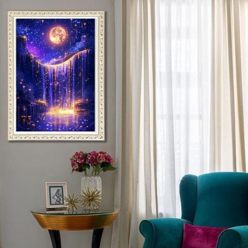 Moonlight Diamond Art Kit for Adults Waterfall, DIY Landscape Diamonds Painting Kits for Beginners, 5D Gem Art Full Round Drill(12x16inch)