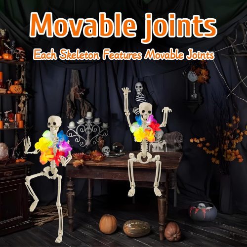 2 Pack Skeleton Halloween Decor with Wreathes, 16” Posable Plastic Mini Skeletons Halloween Decorations Outdoor Indoor Props for Porch Graveyard Haunted House