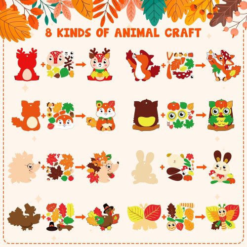 123pcs Fall Craft Kits for Kids, Cute Animals Hanging Ornaments DIY Maple Leave Sticker Crafts with String, Fall Autumn Thanksgiving Home Classroom Game Activities Party Favors Tree Decoration