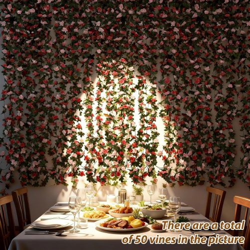 5Pcs 41FT Pink Flower Garland Artificial Rose Arch Vines Fake Spring Floral Garland for Flower Wall Backdrop Wedding Mothers Day Garden Tea Party Decoration