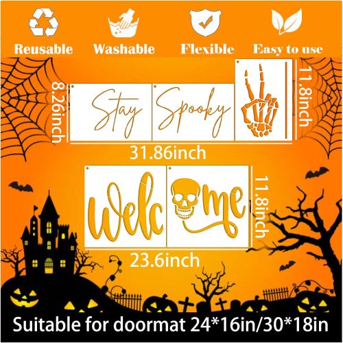 9 Pcs Large Halloween Stencils for Door Mats Reusable Welcome Ghost Bat Templates Spider Web Spooky Trick or Treat Boo Stencil for Painting on Wood Doormat Crafts (9 Boo Mats)