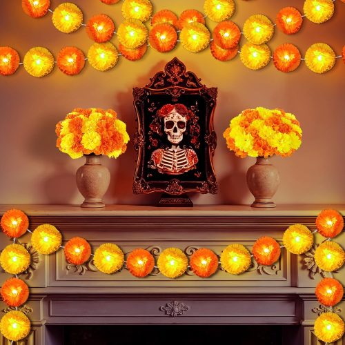 Marigold Garland for Decoration, 1 LED Marigold Garland String Lights with 30 Marigold Flowers for Day of The Dead Decorations Halloween Decorations