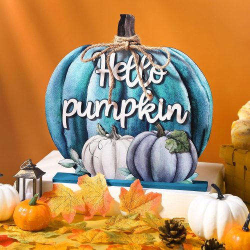 Fall Decoration Wooden Fall Hello Pumpkin Sign Autumn Pumpkin Table Decor 11 Inch Wooden Autumn Desktop Ornament for Farmhouse Home Living Room Harvest Day Thanksgiving Decor(Blue)
