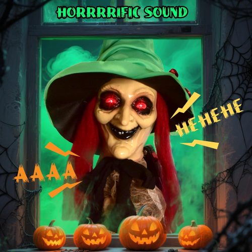 Halloween LED Light-Up Flying Witch on Broomstick, Realistic Sound & Motion, Scary Hanging Animated Decoration with Kicking Legs for Yard, Party, Haunted House