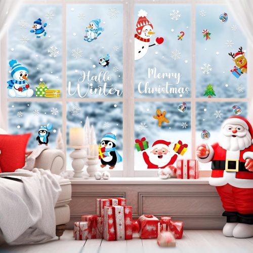 160PCS Fall Halloween Thanksgiving Window Clings Christmas Winter Ghost Penguin Snowman Santa Claus Maple Leaves Window Stickers for Glass Double-Side Reusable Cute Seasonal Decals for Home Classroom