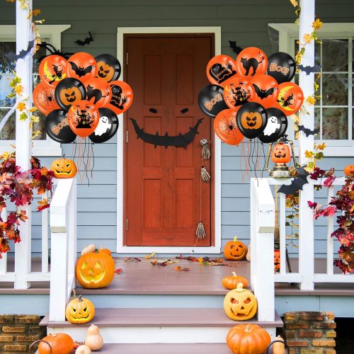 45 Piece Halloween Balloon Decorations, Latex Black & Orange Helium Balloons with Pumpkin, Ghost, Bat, Spider Web & Witch Designs for Party Supplies & Favors - 12 Inch