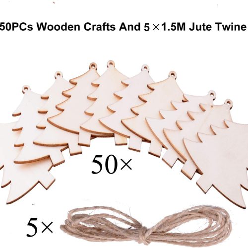 Pack of 50 Wooden Crafts to Paint 3 inch Christmas Tree Hanging Ornaments Unfinished Wood Cutouts Christmas Decoration DIY Crafts (Wooden Christma Tree Cutouts)