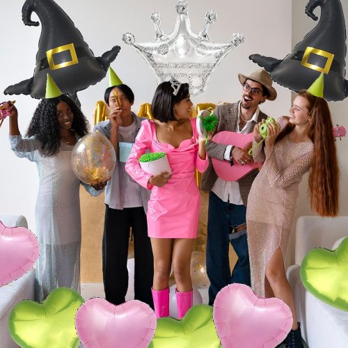 12Pcs Witch Party Balloons Decorations, Black Witch Hat Balloons Silver Crown and Green Pink Heart Balloons for Halloween Witch Themed Birthday Baby Shower Party Decorations Supplies