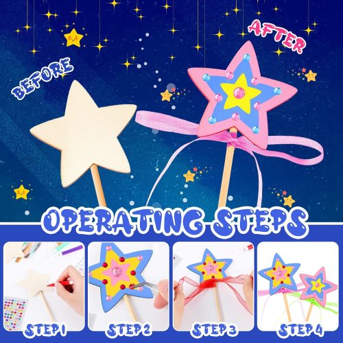 57 Pcs Star Princess Fairy Wands Kit Make Your Own Princess DIY Art Craft Magical Wand Include 18 Star Wooden Fairy 9 Gem Stickers 20 Ribbons 10 Markers Party Supply