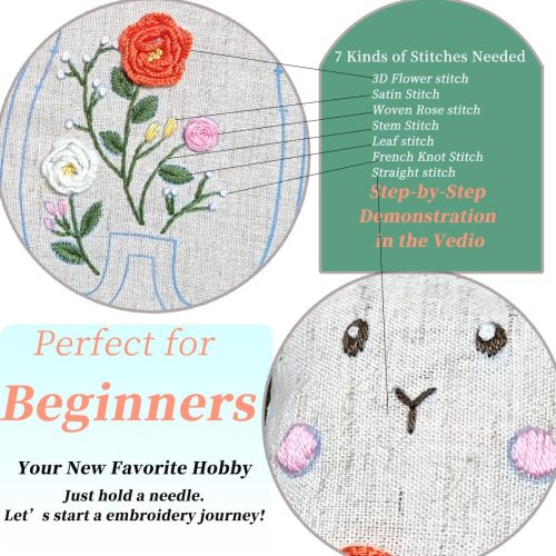 Pre-Stamped Embroidery Patterns Bunny Rabbit, Rose Sewing Full Needles and Thread Hoop Kit for Beginners Teens