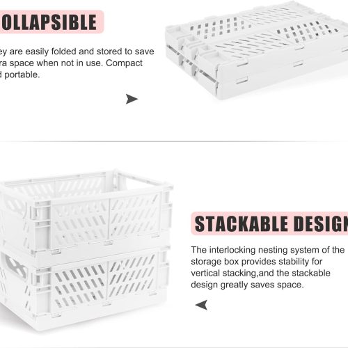 Plastic Storage Baskets for Desk Organizing, Office Drawer Organizer, 2 Medium+2 Small Durable Folding Storage Crate for Home Kitchen Classroom Office Bedroom and Bathroom Storage (White)