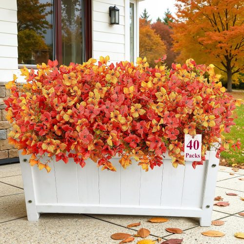 20 Bundles Artificial Fall Flowers Outdoors Decoration, Fake Silk mums Eucalyptus Realistic UV Resistant Faux Plants for Outside Indoor Planter Porch Yard Home Autumn Decor, Orange Yellow