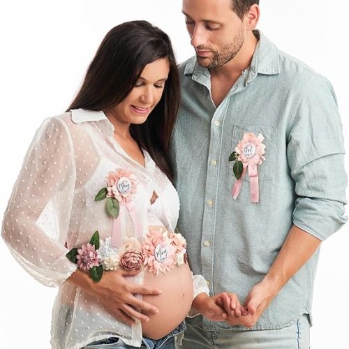 Baby Shower Maternity Sash Belly Belt-Pink Flower Sash Set Mom to Be & Dad to Be Corsage Pins for Gender Reveal