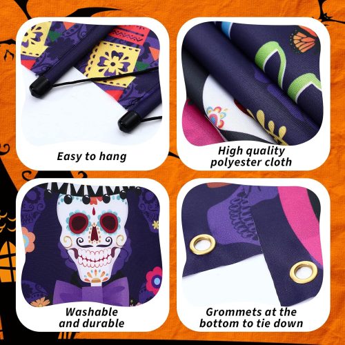 2 Pcs Dia De Los Muetros Porch Banners Halloween Decorations Day of the Dead Porch Sign Banner Indoor Outdoor Mexico Yard Wall Door Decor for Dia De Los Muertos Halloween Party Decorations