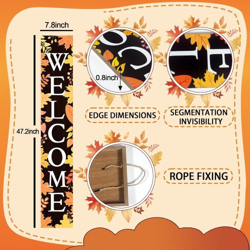 Fall Welcome Sign for Front Porch Standing, Autumn Wooden Porch Sign with Maple Leaves for Front Door Decorations, Farmhouse Vertical Hanging Signs Welcome Sign for Thanksgiving Home Decor 47.2"H