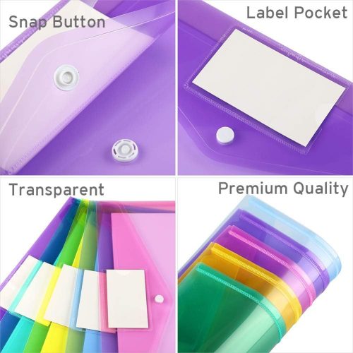 12 Pack Folders Plastic Envelopes with Snap Closure, Clear Plastic File Folder for Document, Letter A4 Size Poly File Envelopes with Label Pocket for Home Work Office Organizer, 5 Colors