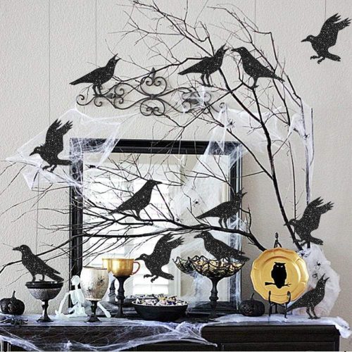 Glitter Black Crow Garland Halloween Decorations for Gothic Gatherings Emo Party Tree Hanging Decoration Bird Raven Banner Decal Backdrop Centerpiece for Theme Birthday Party Supplies