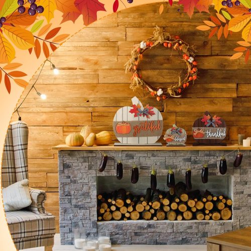 3 Pack Fall Decorations for Home Thanksgiving Wooden Tabletop Sign Blessed Grateful Thankful Fall Pumpkin Decor for Thanksgiving Farmhouse Harvest Holiday Decor