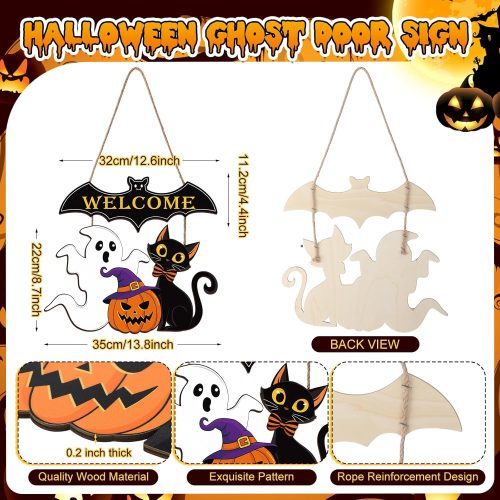 Halloween Wooden Door Signs Ghost Welcome Wreath Decorations Pumpkin Bat Black Cat Front Door Hanging Sign Halloween Wall Hanger for Farmhouse Indoor Home Outdoor Party Decor