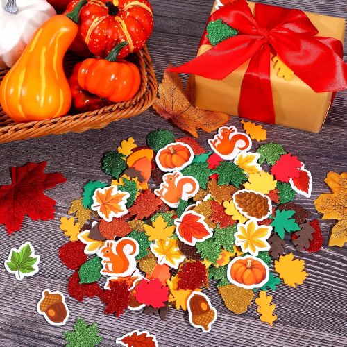 500 Pieces Fall Leaf Foam Stickers Thanksgiving Glitter Sticker Decorations Self-Adhesive Sticker Decals Autumn Picture Frame Craft Supplies for Greeting Cards Thanksgiving Home Decorations