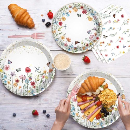 96 Pcs Wildflower Party Tableware Set Spring Floral Baby Shower Disposable Paper Plates and Napkins Watercolor Floral Girl Baby Shower Party Supplies for 24 Guests