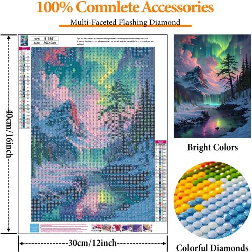 4 Aurora Diamond Art Kits for Adults, 5D Snowy Mountains Lake Diamond Painting Kits for Beginners, Fantastic Landscapes DIY Full Drill Dots Gem Art Paint for Home Wall Decor 12 x 16 Inch