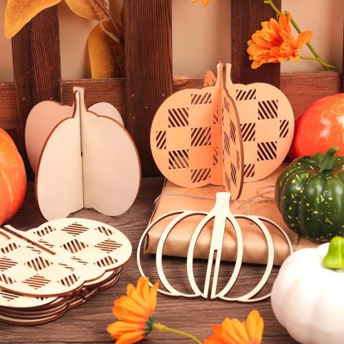 BAPHILE 24Pcs 3D Pumpkin Wood Crafts to Paint, 12Set Thanksgiving Pumpkin Wood Cutouts with Decorate Tools Unfinished Autumn Pumpkins Wooden Slices for Fall Thanksgiving Decorations Table Tiered Tray