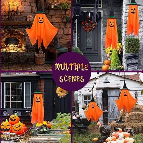 4 Halloween Decorations, 2 Pack Orange Pumpkin Wizard Hat Pre-Installed Pumpkin Ghost Ghosts Witch Hanging Ornaments Decor for Home Party Garden Indoor Outdoor