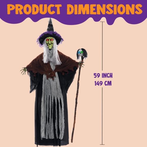 4 JOYIN 59” Halloween Decorations Outdoor Hanging Witch Talking Decor with Light Up Skull Skeleton Wand, for Front Porch Door Haunted House Party Supplies Sound Activated