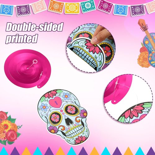 4 30 pcs Day of The Dead Foil Swirls Decorations Halloween Sugar Skull Flowers Ceiling Hanging Swirls Dia de los Muertos Party Favors Supplies for Halloween Birthday Skull Mexican Party (Novel Style)