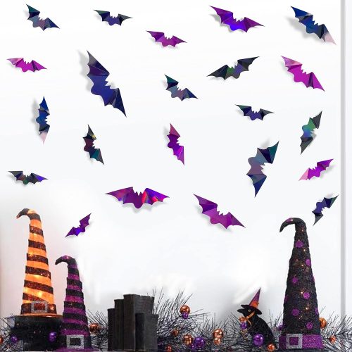 4 72Pcs Bats Halloween Decoration Iridescent 3D Bats Wall Decor Black Purple Holographic Paper Decorative Bat Wall Art Decals Stickers Spooky Bats for Halloween Home Room Decor Party Decoration Supplies