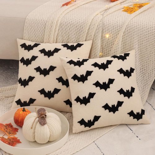 4 Tosleo Halloween Throw Pillow Covers 18x18 inch Set of 2 Black 3D Bats Embroidery Pillow Cases Thanksgiving Holiday Cushions Covers Home Party Fall Decor Pillowcases Cushion Covers for Sofa Bed Couch