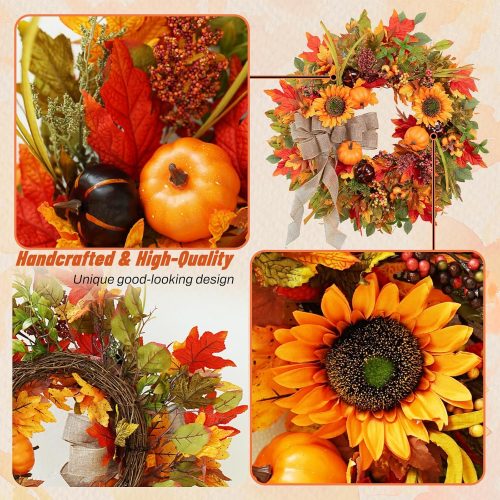 4 Fall Wreaths for Front Door Outside 24 Inch Autumn Wreath with Pumpkins, Sunflowers, Maple Leaves, Berries & Burlap Bow Fall Door Wreath, Autumn Wreaths for Front Door, Thanksgiving Halloween Decor