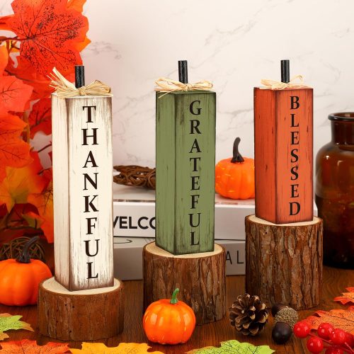 4 Thankful Blessed Grateful Tabletop Signs Thanksgiving Wooden Block Signs Vintage Fall Tiered Tray Decor Farmhouse Wood Centerpiece Blocks for Fall Autumn Harvest Thanksgiving Home Kitchen Shelf Decor