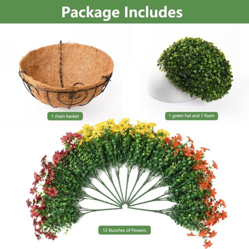 4 Artificial Fall Flowers Hanging Basket Plants, Fake Mums for Outdoor Decorations, Faux Silk Flower UV Resistant Autumn Decor for Outside Garden Patio Front Porch Balcony Window (Orange Brown Yellow)