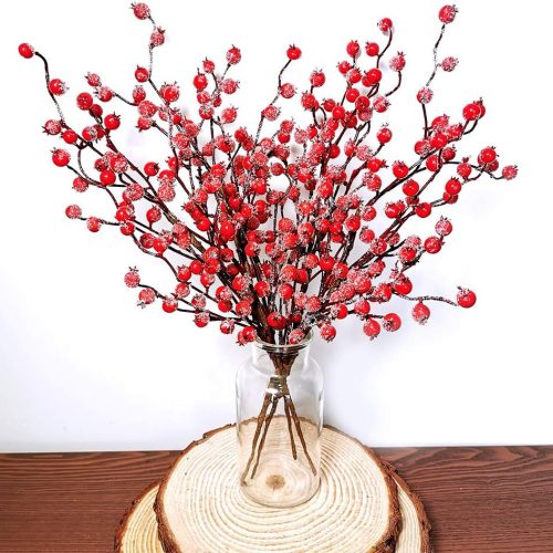 4 Pack ICY Red Berry Picks Artificial Christmas Berry Spray Iced Berry Stems Red Berry Twig Branches for Christmas Holiday Winter Floral Arrangement Centerpiece Seasonal Decoration 18.8" Tall