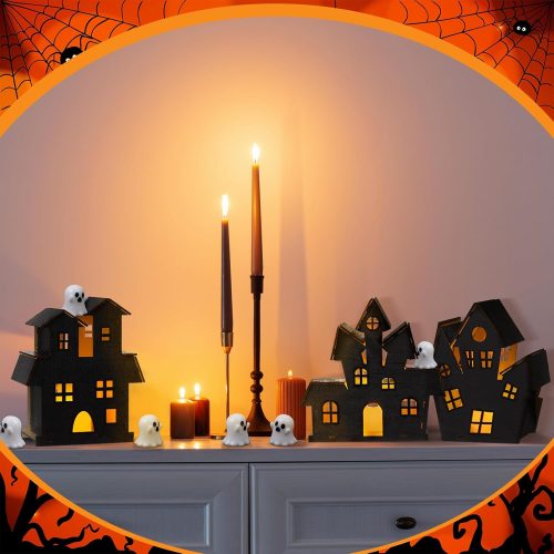 13 Pcs 3D Ghost Halloween Village Haunted House DIY Kit 3 Large Wooden Castle House 10 Ghost Figurines Crafts Kit for Indoor Outdoor Halloween Party Decor Supplies