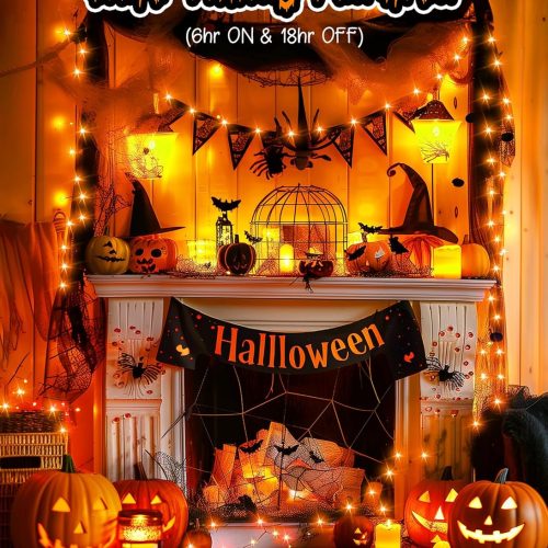 Halloween Fairy Lights, 33Ft 100 LED Battery Operated Fairy Lights, Waterproof Copper Wire Mason Jar Lights for Home Party Ghost Haunted House Indoor Outdoor Halloween Decorations, Orange