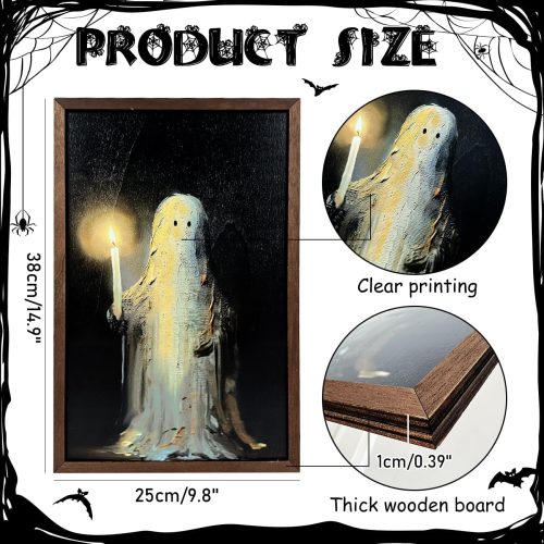 Halloween Decorations Wall Art Prints Ghost Holding A Candle Wooden Halloween Wall Art Framed Vintage Ghost Painting Decor Aesthetic Pictures Wall Decor for Bedroom (Including Wooden Frame)