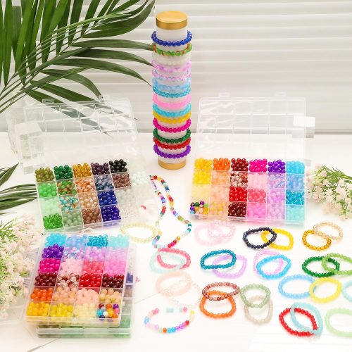 2400 PCS 8mm Glass Beads Bracelet Making Kit, 47 Colors Crystal Beads for Jewelry Making and DIY Crafts，4 Box Round Beads