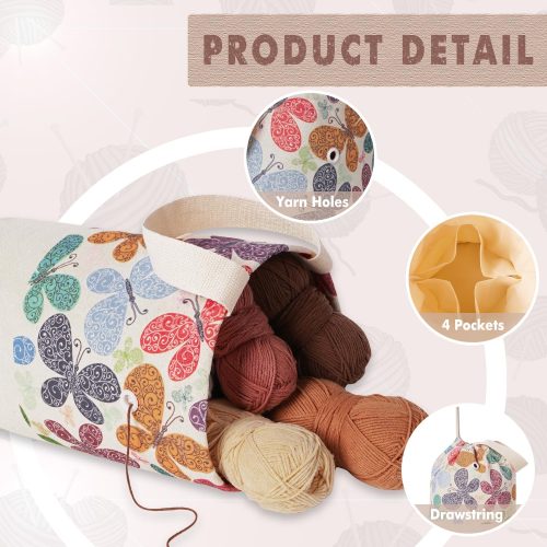 Yarn Bag, Knitting Crochet Bag, Portable Yarn Storage Bags Organizer for Crocheting Project, Store Skein Ball, Short Knitting Needle (Medium, Butterfly)