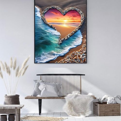 Heart Beach Diamond Art Painting Kits for Adults, 5D Sunset Diamond Art Kits for Beginners, 5D DIY Full Drill Seaside Paint with Round Diamond Dots, Home Wall Decor 12 x 16 Inch