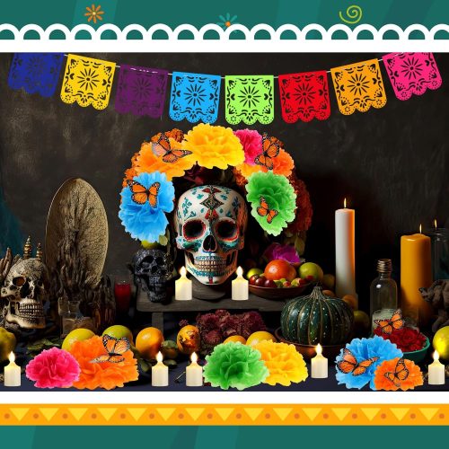 82 Pcs Day of the Dead Altar Decoration Kit Dia De Muertos Disposable Tablecloth Flameless LED Candle Paper Marigold Flower Fan Butterfly Mexican Papel Picado Banner Supplies (Multicolor)