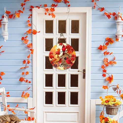 Welcome Fall Cardinal Front Door Sign, Autumn Maple Leaves Red Bird Birdhouse Wood Door Hanger Outdoor Outside Porch Decor, Thanksgiving Farmhouse Wooden Wreath Indoor Wall Hanging Decoration